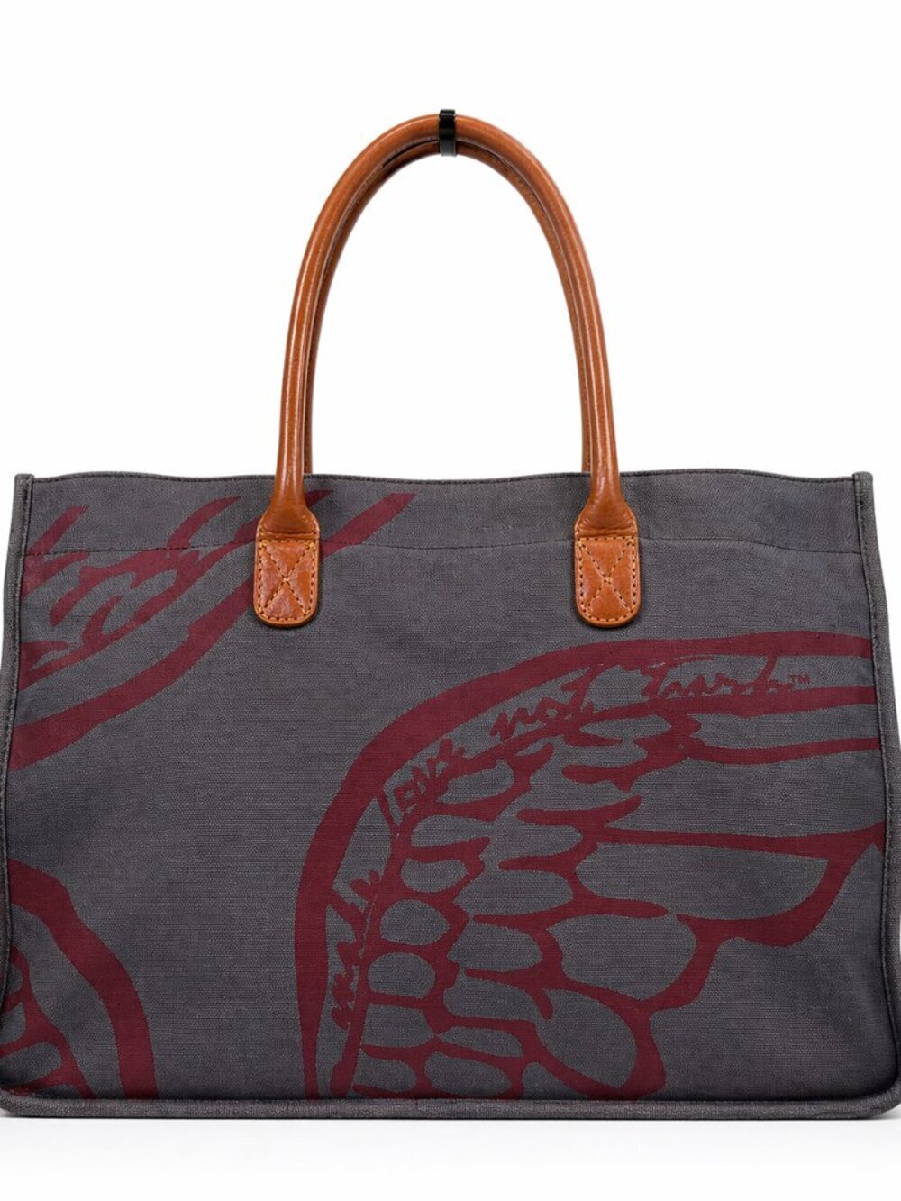MAKE LOVE NOT TRASH Cotton Canvas Leather Wing Gray Tote Bag